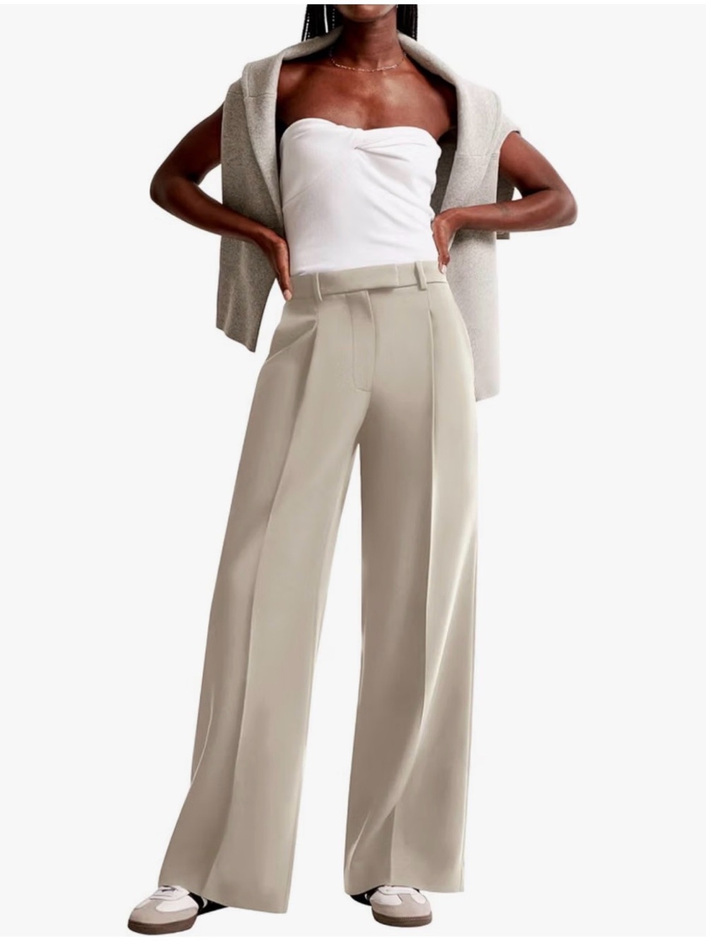 High-Waist Wide-Leg Trousers in Light Beige - Women Pants